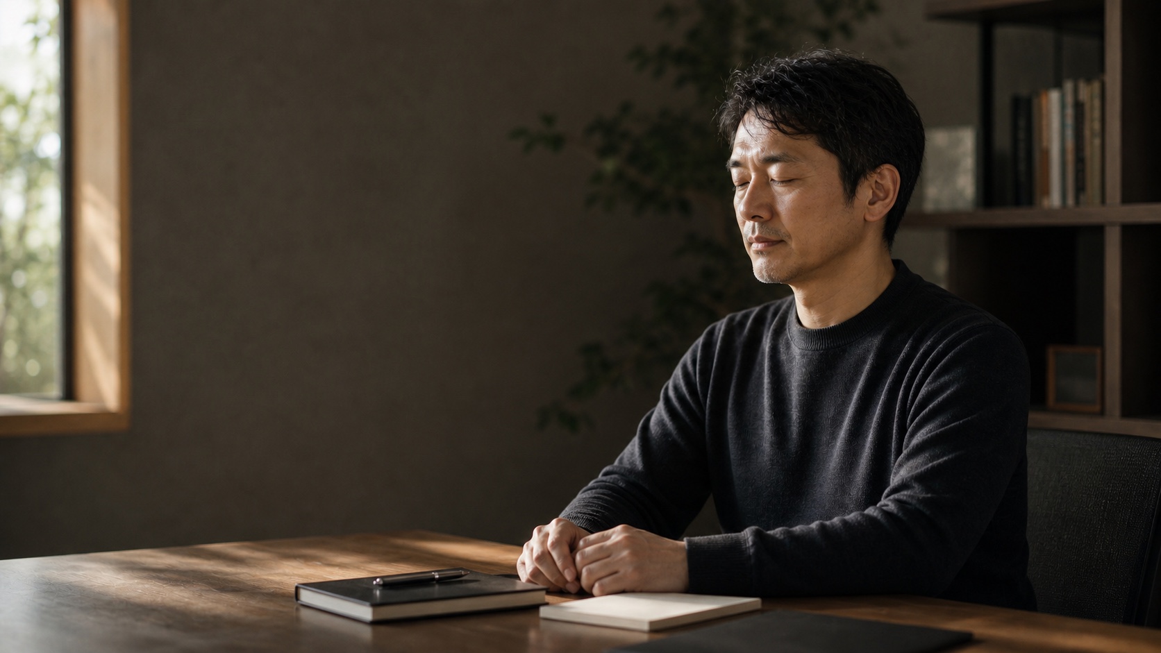 40代男性が静かなデスクで集中前に気持ちを整えるイメージ
